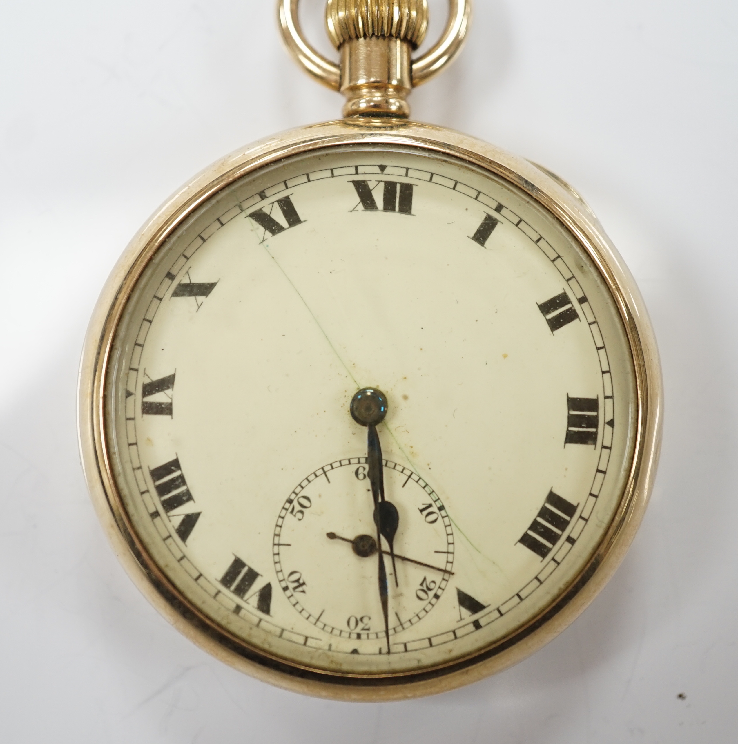 A George V 9ct gold open face keyless pocket watch, with Roman dial, subsidiary second and metal inner case, case diameter 48mm